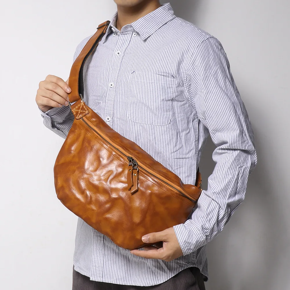 Vintage Genuine Leather Chest Bag with Large Capacity and Zipper, Multi-functional Waist Pack