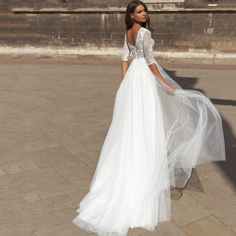 2025 كم فستان الزفاف الدانتيل س الرقبة شاطئ حفلة زي العرائس البوهيمي المرأة أنيقة ملصق تول Vesido De Noiva مخصص #2