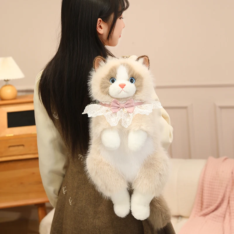 50cm Long-haired Fluffy Cat Doll Backpack Super Realistic Ragdoll Cat Plush Cat Backpack Handmade Cartoon Cute Girls Backpacks