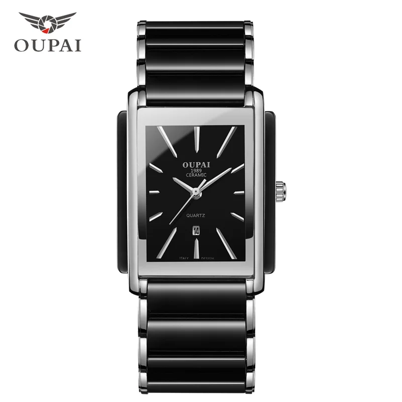 Oupai rectangular dial watch men\'s ceramic between stainless steel material strap Japan movement waterproof calendar casual ever