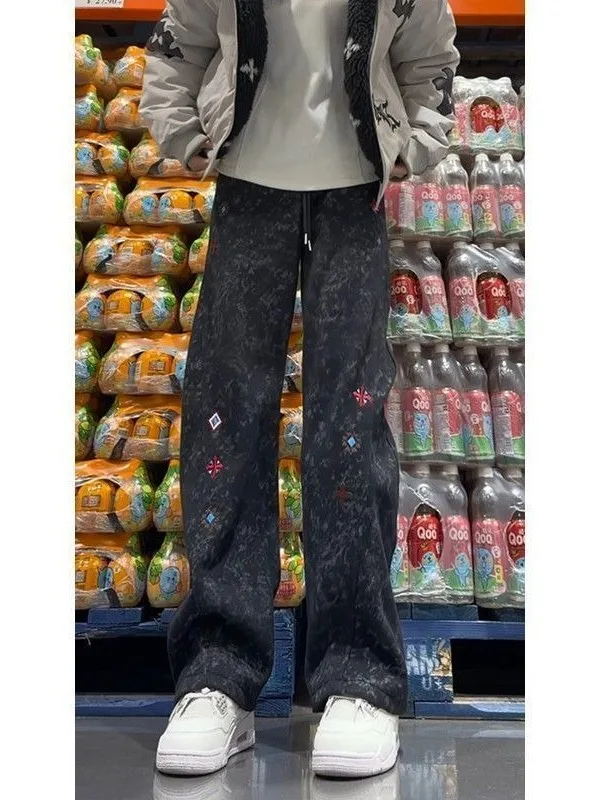 Trendy Men's Tie Dye American Sporty Straight Leg Pants Autumn Winter Heavyweight Casual Trousers Fashionable Patchwork