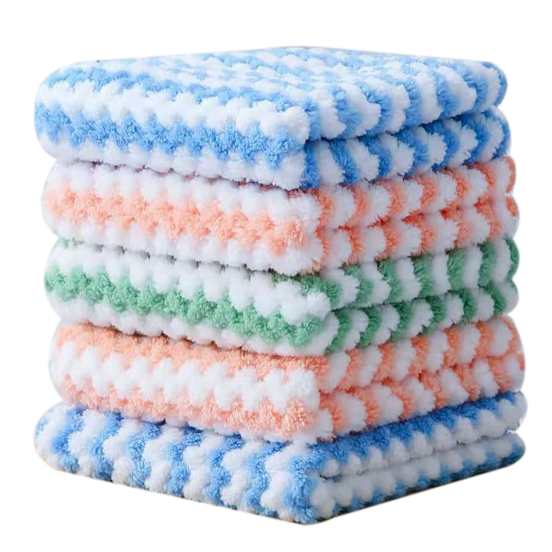 Home Bathroom Colors - 波状のストライプ柄コーラルフリースタオル2枚組、厚手で柔らかく、肌に優しく、糸くずの出ない、吸水性が高く速乾性があり、洗顔、手拭き、テーブルの掃除などに使用可能、フレッシュピンク、グリーン、ブルーのカラーをご用意、コンパクトで収納しやすい、バスルーム、キッチン、寮での使用に適しています、家庭用にお手頃価格の多目的クリーニングタオルです。