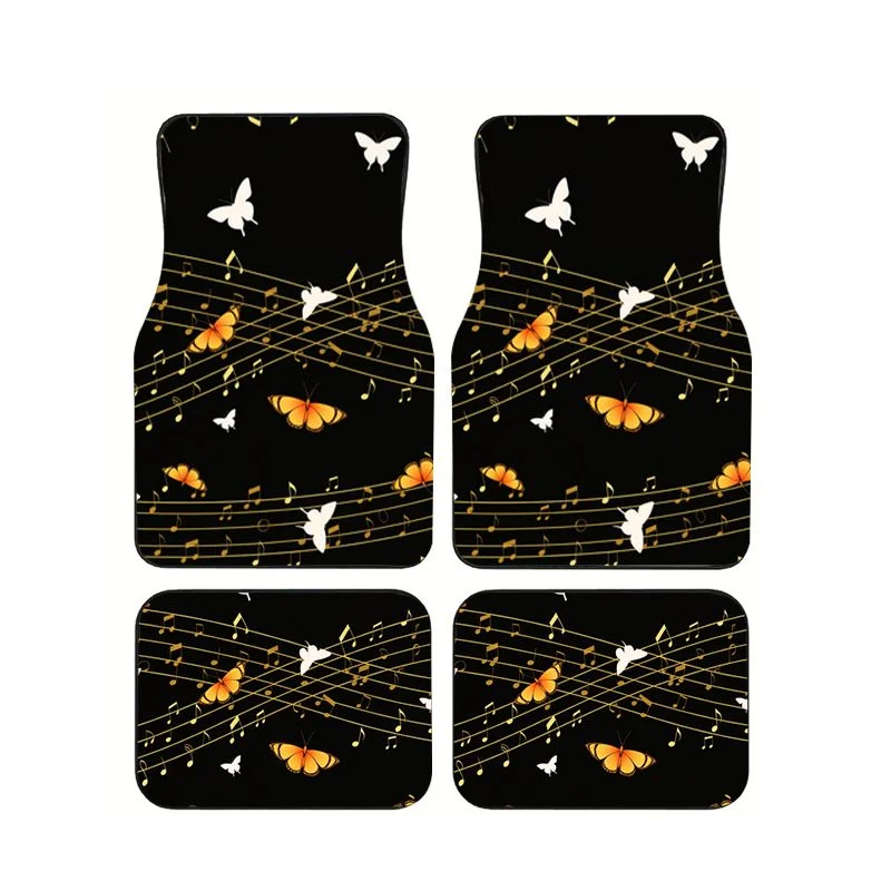 Tapis de sol de voiture noir avec motif papillon et note de musique dorée, 4 pièces, style artistique, antidérapant, imperméable, accessoires d'intérieur automobile