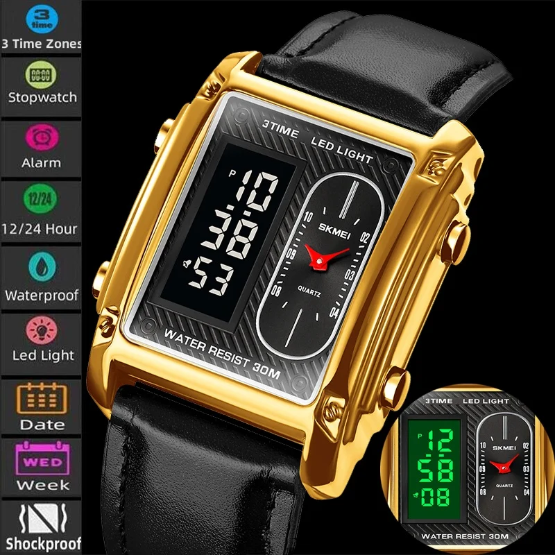 

Skmei Analog Digital Display Mens Sports Watches Three Time Zone LED Chronogrpah 30M Waterproof Fashion Male Quartz Wristwatch