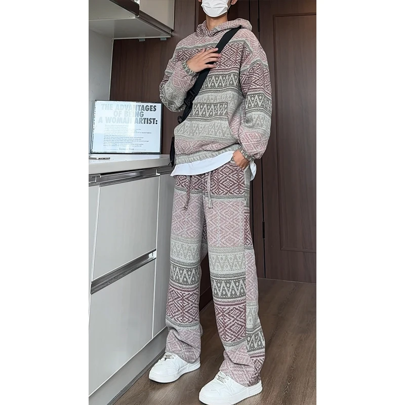 

Осенне-зимний мужской этнический свитер с капюшоном и брюки, комплект из двух предметов, тяжелая повседневная спортивная одежда с цветочной вышивкой