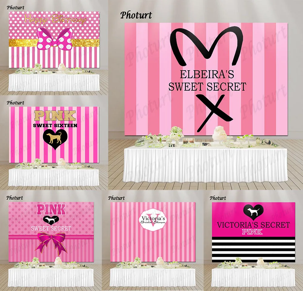 PHOTURT Pink Sweet Secret Backdrop Girl Birthday Party Background Pink Bow Stripes Decor Banner Poster Photobooth Props