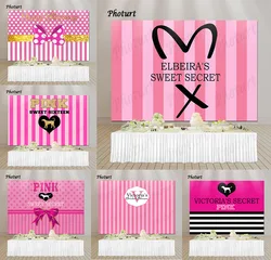 PHOTURT Pink Sweet Secret Backdrop Girl Birthday Party Background Pink Bow Stripes Decor Banner Poster Photobooth Props