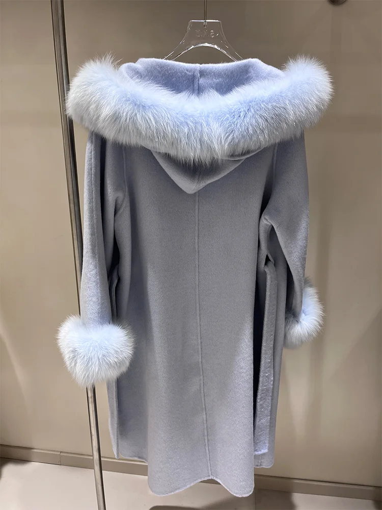 冬用レディース天然リアルフォックスファーカラーカフス付きジャケット 厚手暖かいアウターウェア ロングフード付きウールコート ルーズベルト付きストリートウェアジャケット