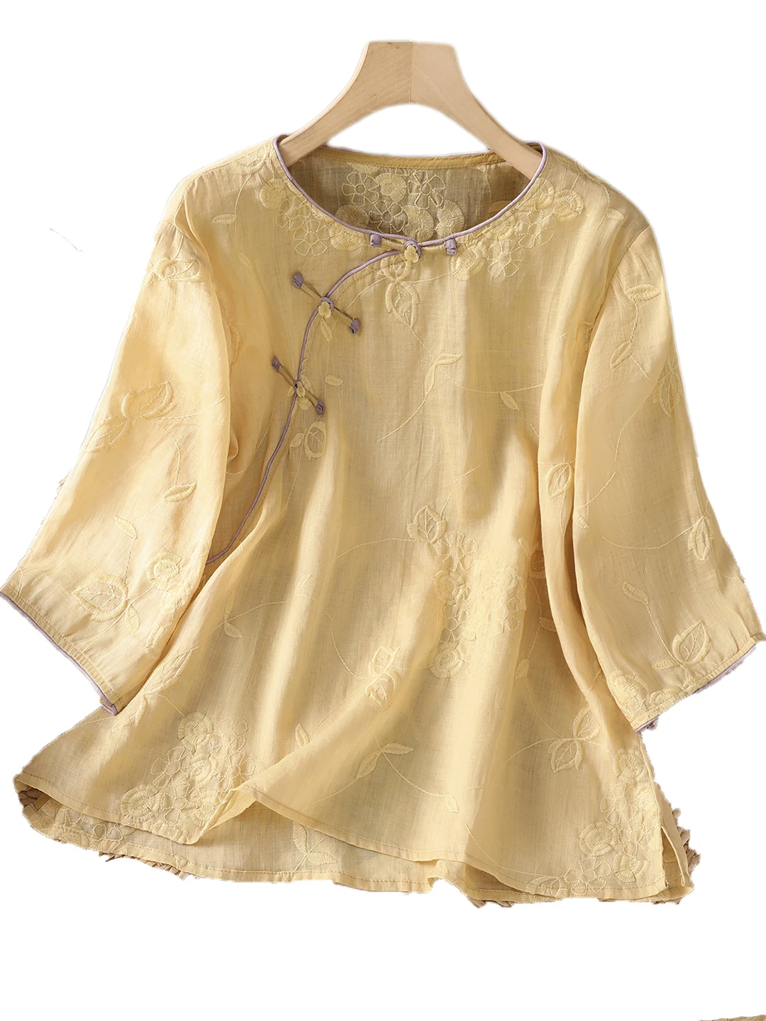 New Chinese Sle Linen irt Women Summer Retro National Heavy Embroidery Cotton Linen Button round Ne ort Sve Top