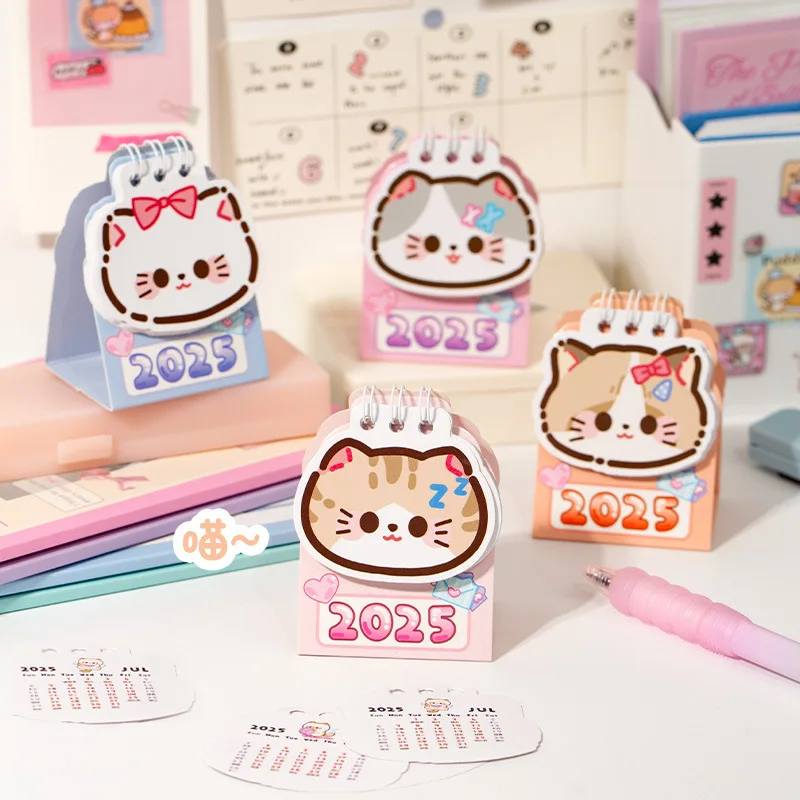 Mini Portable 2025 Desk Calendars Kawaii Cat Shape Coil Calendar Book Cute Daily Planner Schedule Organizer Time Manegement