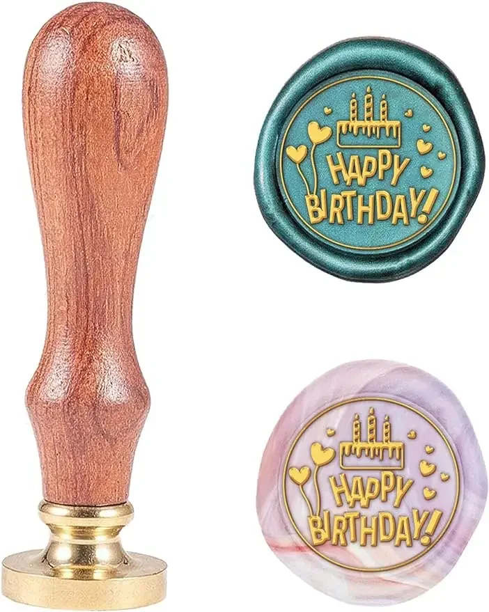 1PC Wax Seal Stamp Happy Birthday Cake Pattern 25mm Sealing Wax Stamp with Brass Seal Wood Handle for Greeting Card Wedding