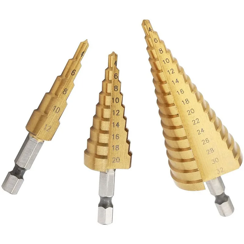 4-12 / 20 / 32mm 3 pezzi sacchetto di stoffa in metallo rivestito in titanio punta esagonale per trapano s Hss Set di punte per trapano a gradino cono taglierina Taper metrico