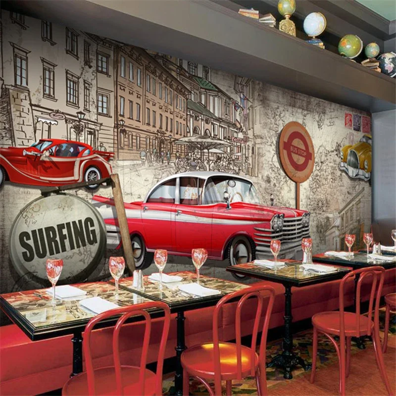 

Индивидуальные обои для ресторана, кофейни, бара, фон с ретро-ностальгией, винтажный автомобиль, большой 3D-постер, обои для стен, papel de parede