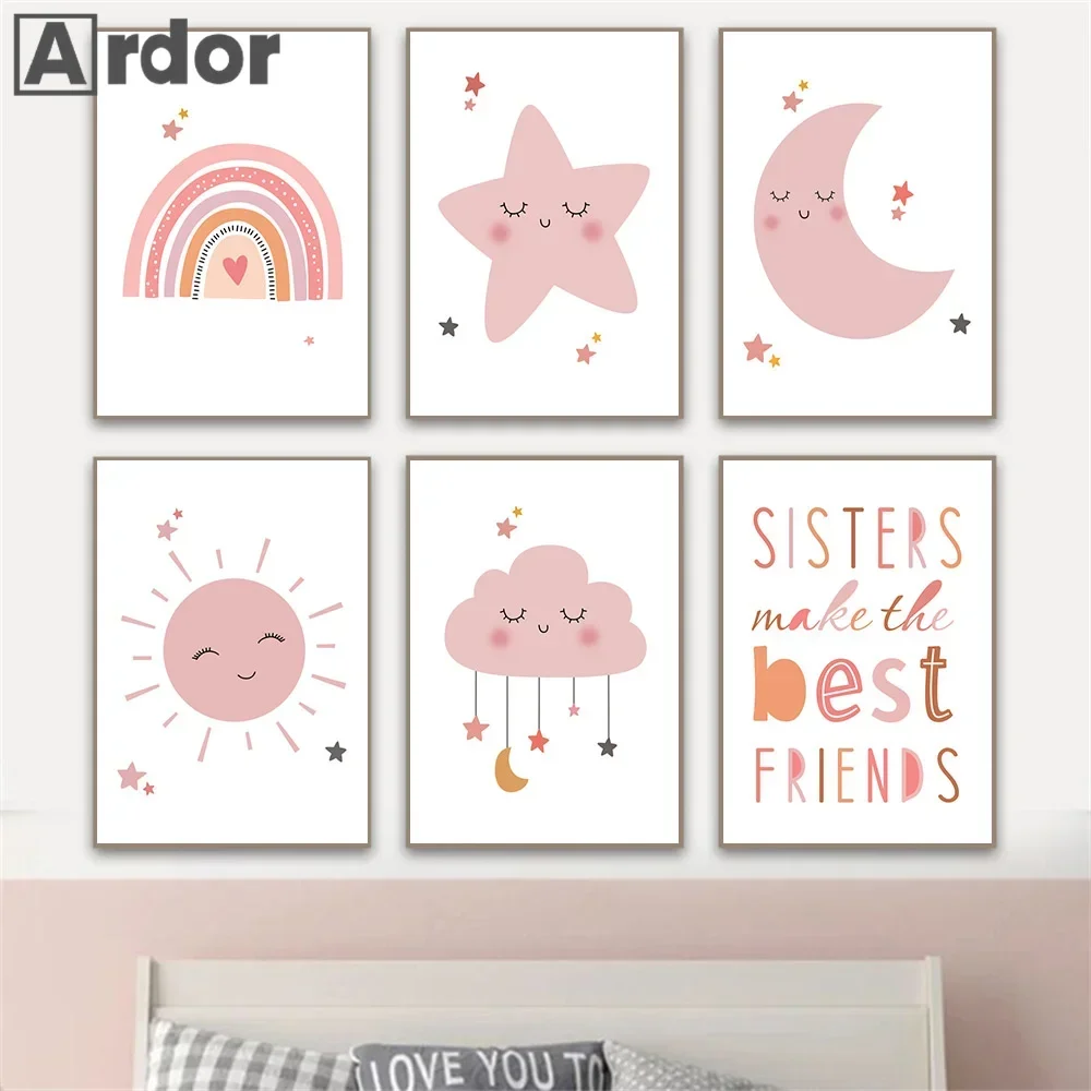 

Pink Rainbow Canvas Painting Nursery Posters Sun Moon Cloud Star Wall Art Prints Nordic Pictures Baby Kids Girls Room Home Decor