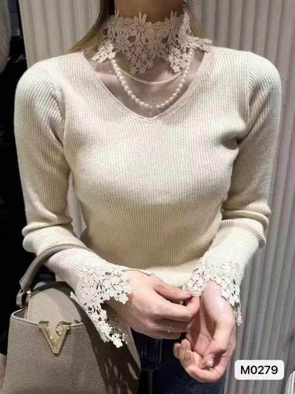 

Ele Lace Embroidered Long Sve Knitted Sweater Women's Early Spring Slim Fit High Collar Soft Comfortable Korean Sle Top