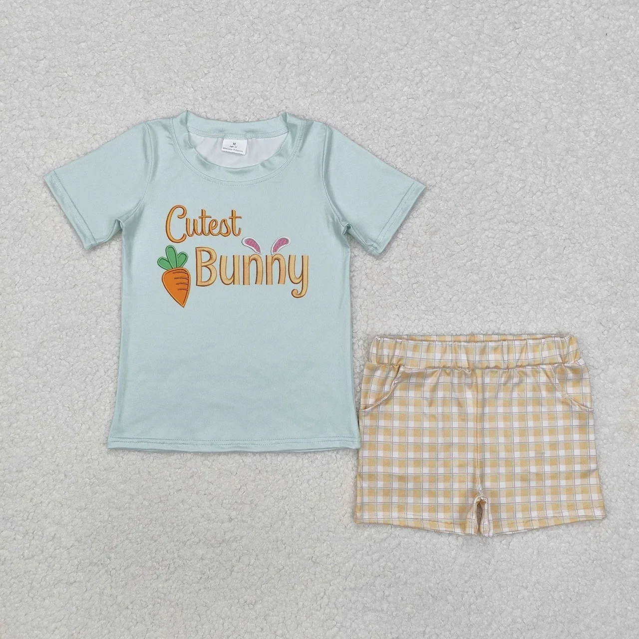 Wholesale Toddler Short Sleeves Carrots T-shirt Plaid Pockets Shorts Baby Boy Kids Outfit Children Easter Set