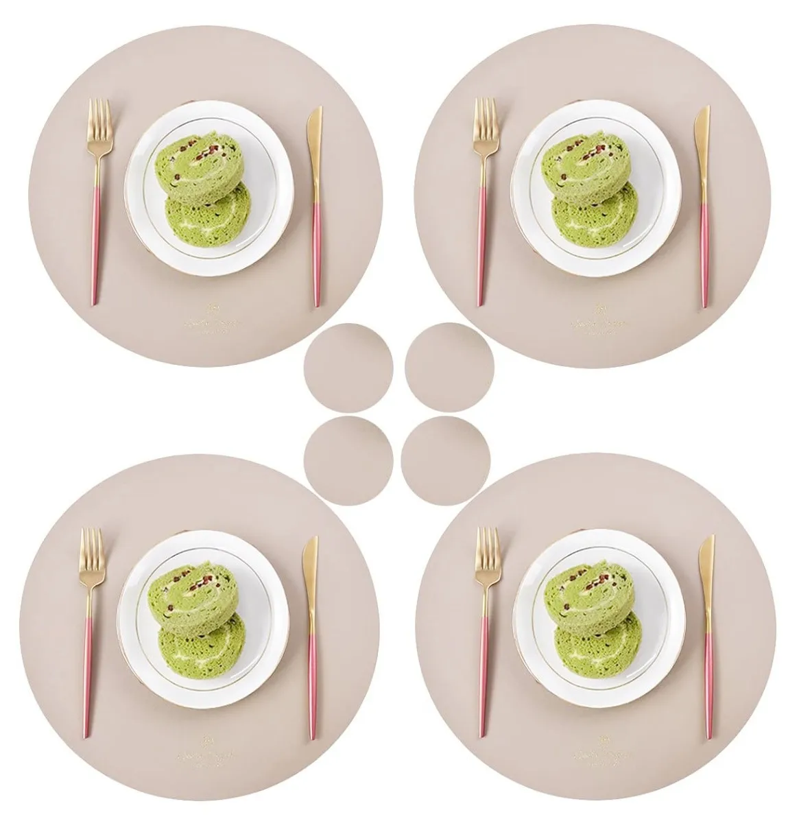 1/4 Sätze rundes Pu Tischset und Untersetzer Set Creme Khaki Tisch matte Kunstleder Luxus geschirr Cafe Pad Food Mat Contis이Beläder салфетки