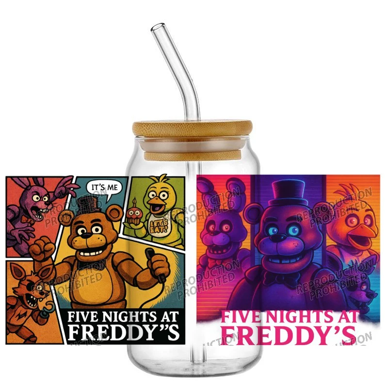 

Hot Sale Halloween FNAF Game character 16oz Libbey Glass UV DTF Cup Wrap Washable DIY Mug Sticker Festival decorations