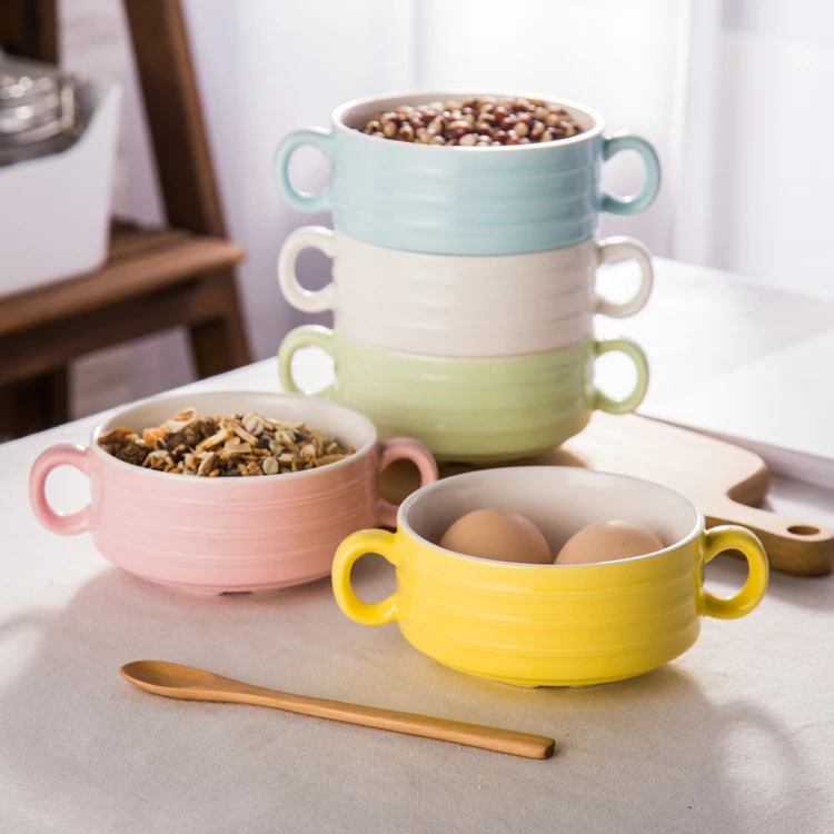 

Korean Sle Candy Colored Cerc Double Ear Soup Bowl Western Dinner Salad Bowl Children's Breakfast Dert Bowl