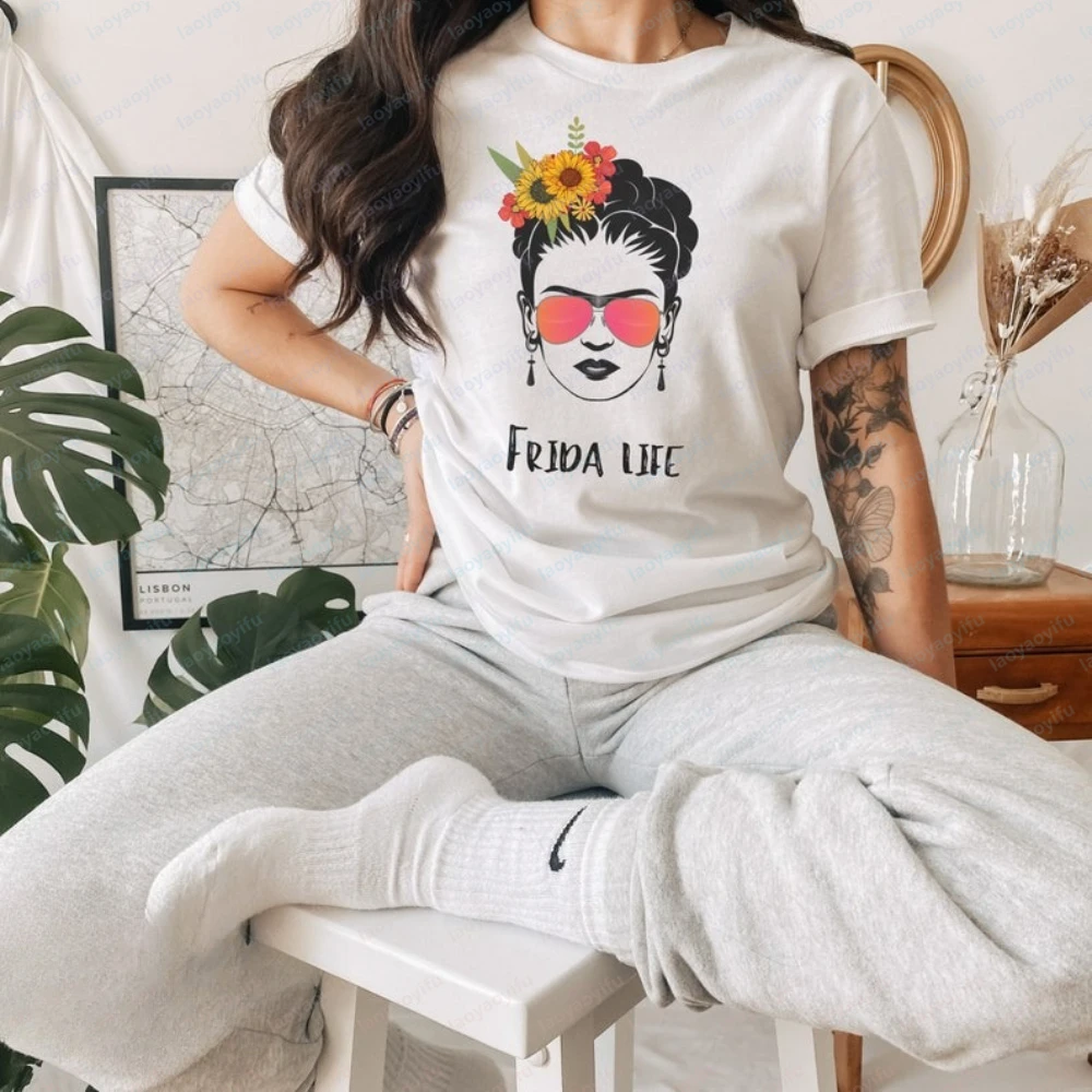 Frida Kahlo Shirt Sunflower Crown Aviator Sunglasses Latina Feminist Tee Viva Frida Gothic Y2k Top Graphic T Shirts Harajuku Top