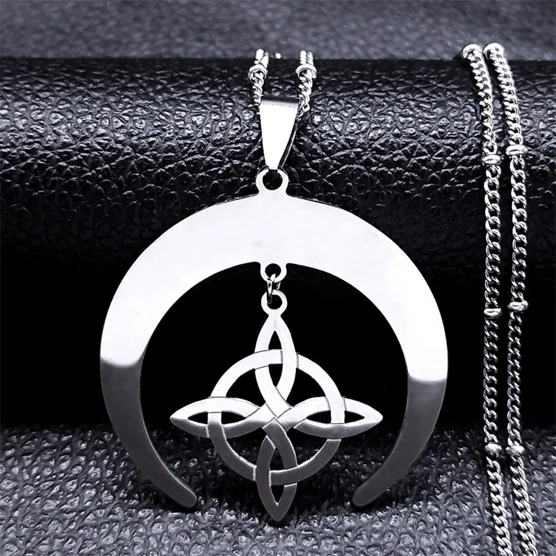 Hexenknoten-Halskette, Wicca-Halbmond, Keltischer Knoten, Edelstahl-Amulett-Halskette für Damen und Herren, Schmuck – Detail 9