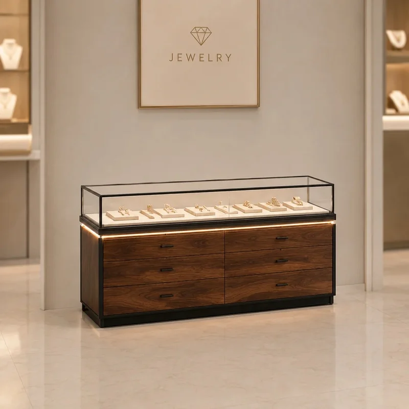 custom.Luxury Dark Walnut Jewelry Display Pedestal Black Metal Frame Glass Showcase with LED Lighting Retail Boutique Tower Cabi