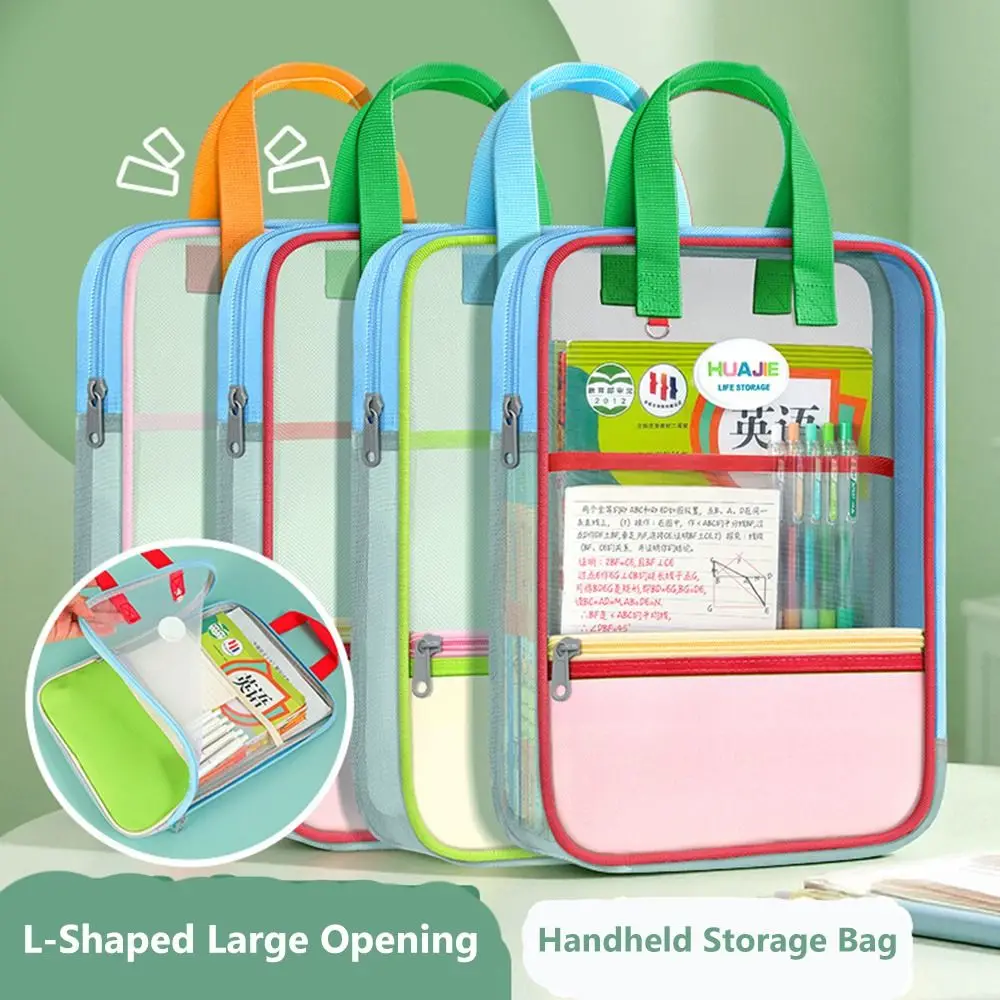 Multi-functional L-shape Large Opening File Bag Transparent Handheld Mesh Folder Stationery Organizer School Office