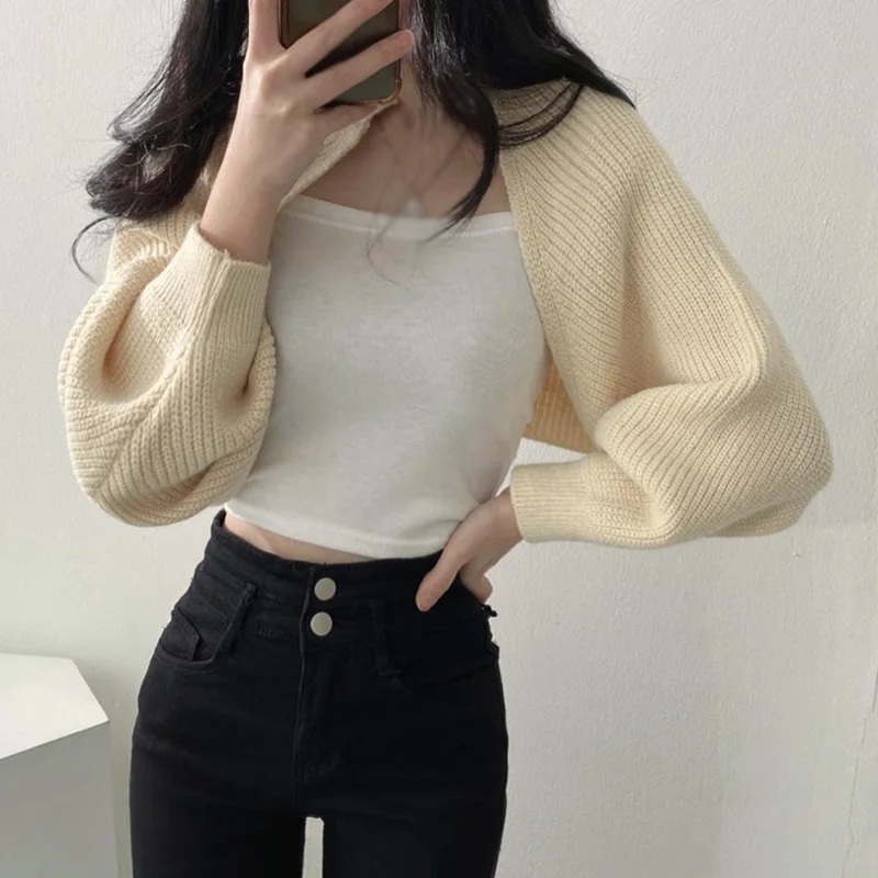 Autumn Fashionable Korean Version Versatile Women\'s Cardigan Bishop Sleeve Ultra Short Sweater Knitted Coat Top