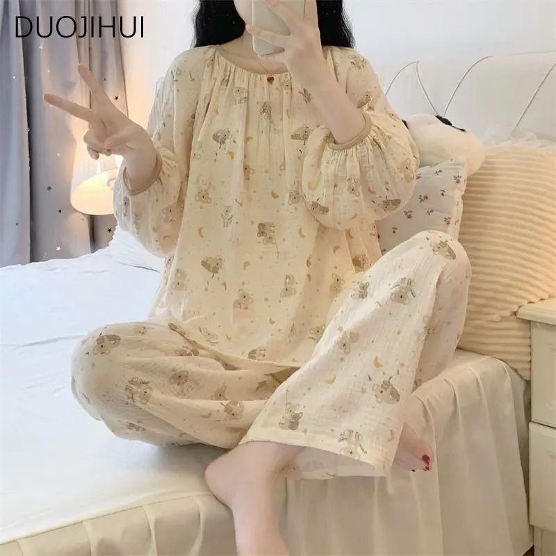 DUOJIHUI Two Piece Autumn Sweet Casual Home Pajamas for Women New O-neck Pullovers Loose Simple Pant Fashion Female Pajamas Sets