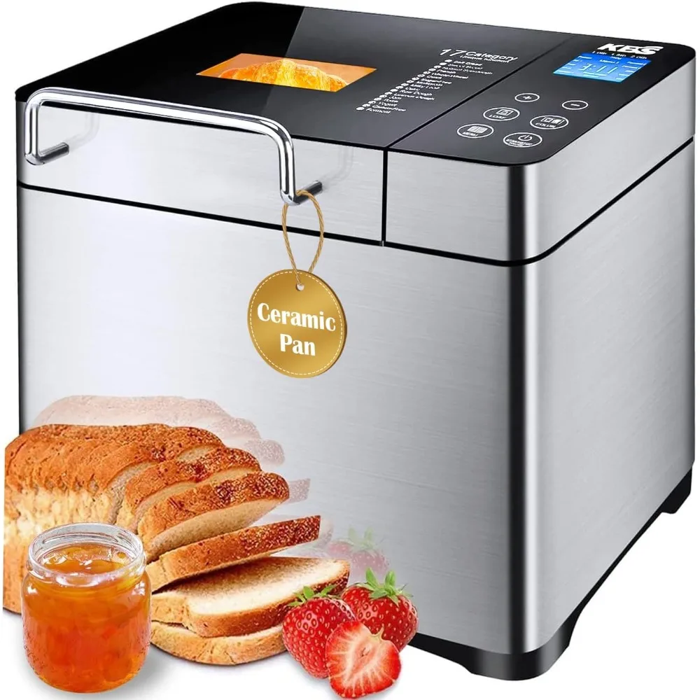 Máquina De Pão De Aço Inoxidável Programável XL Bread Maker, Dispensador De Porcas De Frutas, Panela De Cerâmica Antiaderente e Digital, 2lb, 17 em 1