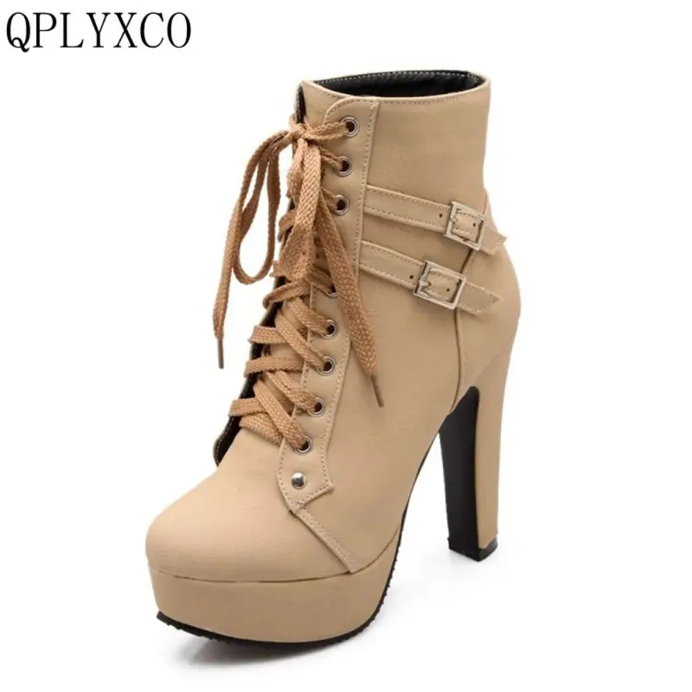 QPLYXCO 2017 New Super Big & small Size 30-50 autunno inverno stivaletti scarpe stivali corti da donna stringate tacco alto (12CM) C-3