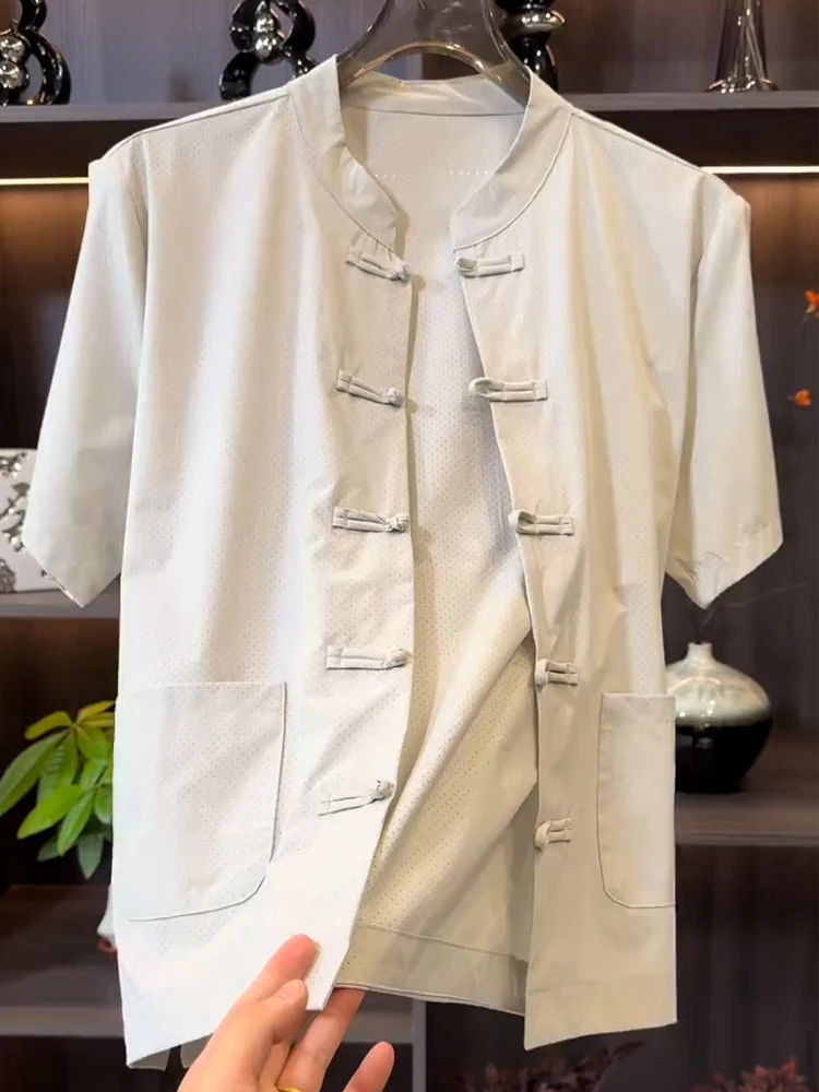 Fashionable Breathable Mesh Shirt Short Sleeve Men's Summer Thin Lightweight Retro Buttoned Tang Costume Top Loose Fit ...