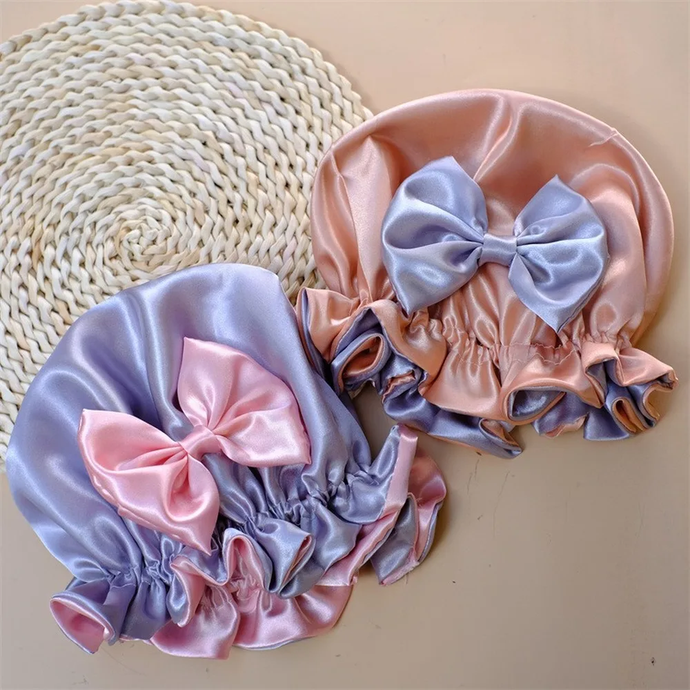 Double Layer Big Bow Knot Sleep Night Cap Satin Hair Protect Hat Baby Girls Night Turban Children Solid Headwrap Sleep Bonnet