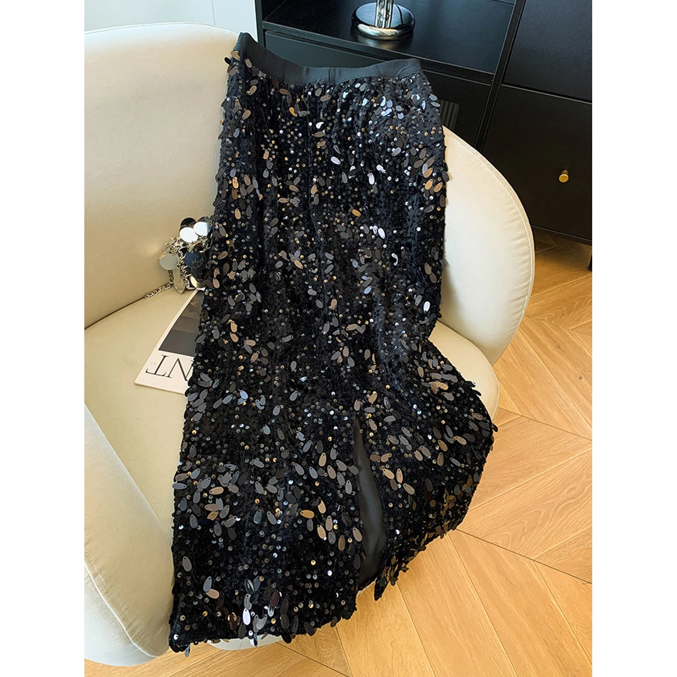 Sparkling Big Sequins Slit Skirt Women's Luxury Elastic Waist Midi Length Elegant Party Dress Spring Summer Casual Female Skirt