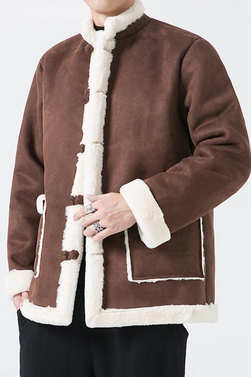 Jaqueta de Hanfu acolchoada de algodão estilo chinês masculino, casaco grosso quente, parkas de peles artificiais soltas, forro de lã, masculino, outono, inverno