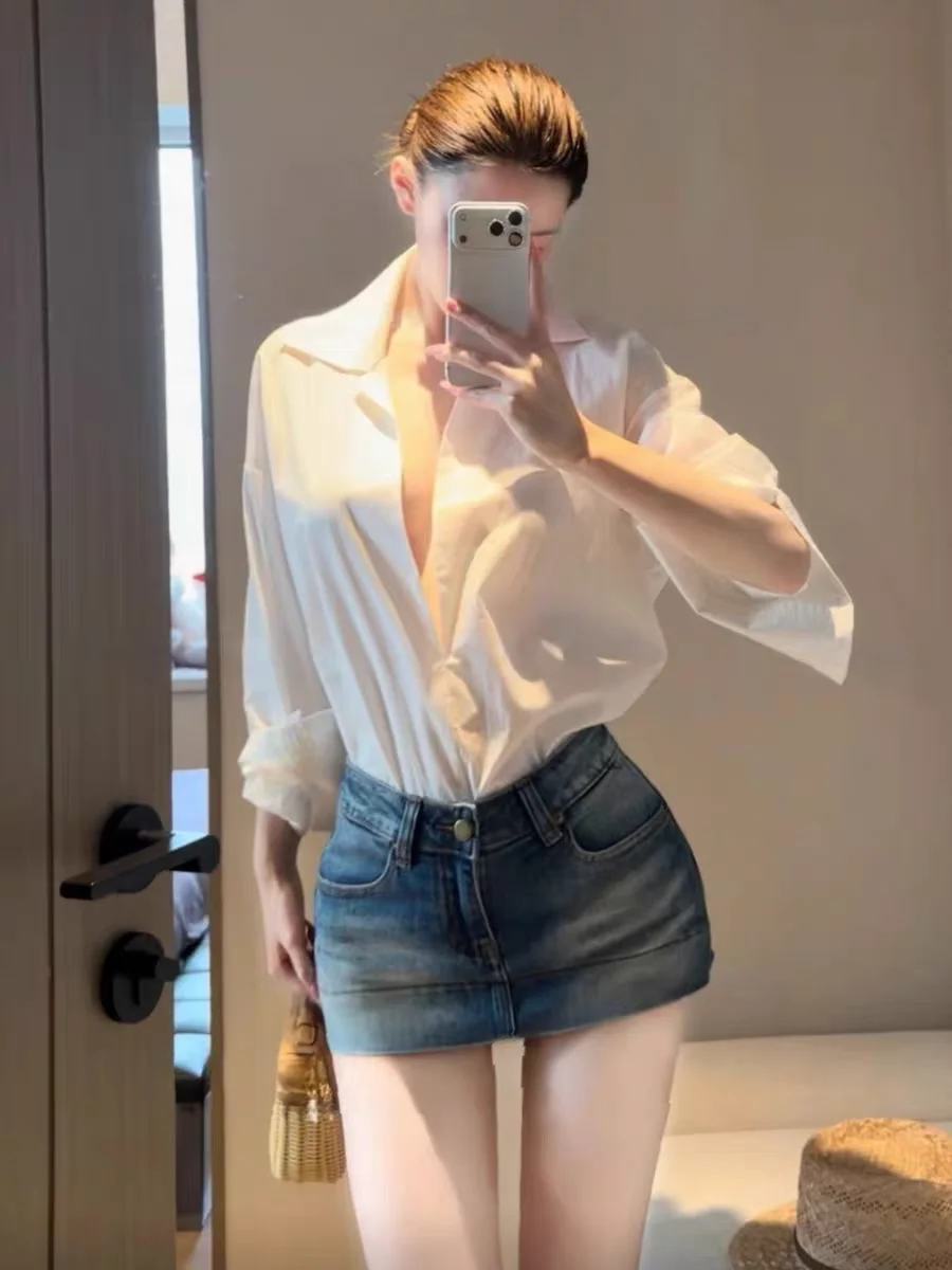 Slimming High Waist Denim Skirt Pants Women's Summer Tight Fit Prevent Exposure Versatile Butt Enhancing  Skirt Jeans