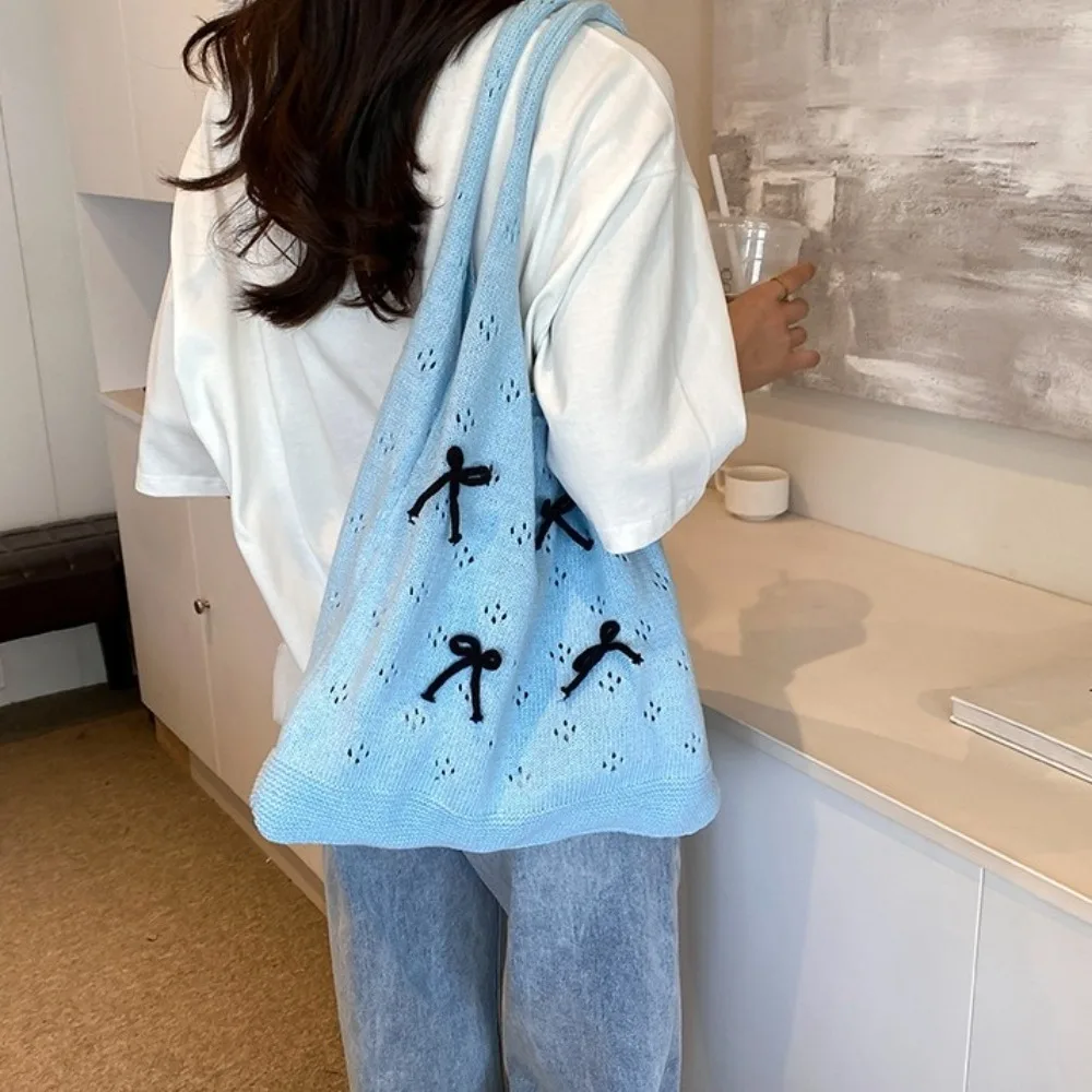 

Trendy Hollow Bow Knitted Shoulder Bag Hobo Aesthetic Knitted Crochet Handbag Commute Square Beach Tote Bag Travel