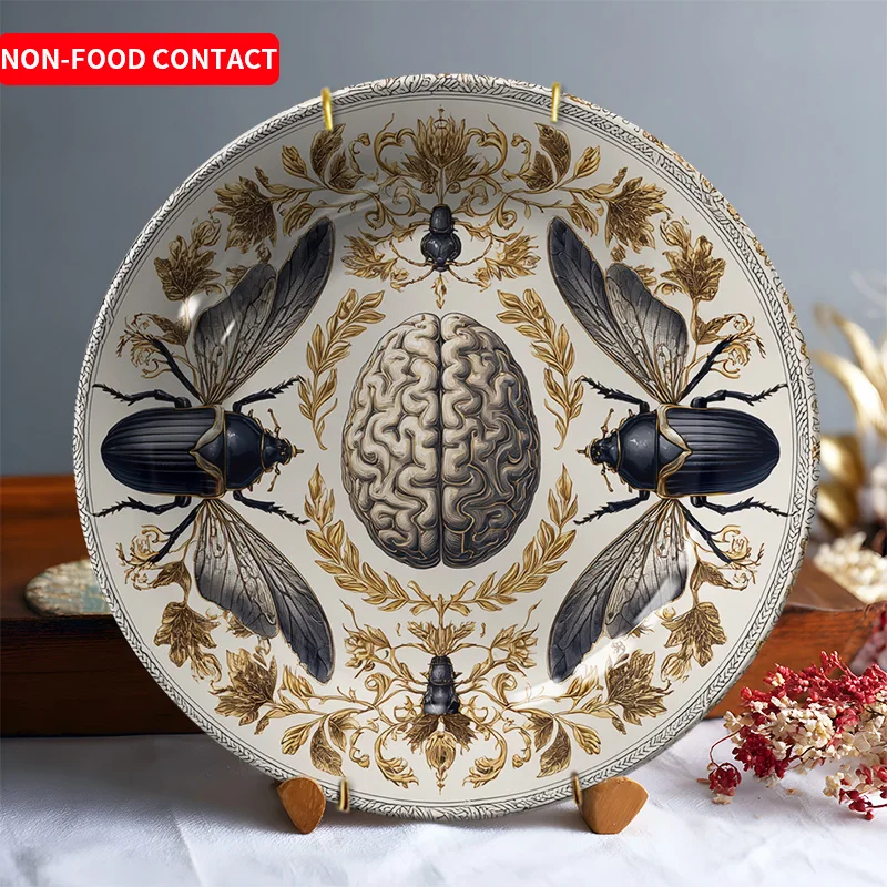 Placa decorativa de cerámica con diseño de escarabajo y cerebro, adorno redondo para colgar en la pared para el hogar, sala de estar, estudio, sin comida, 1 ud.