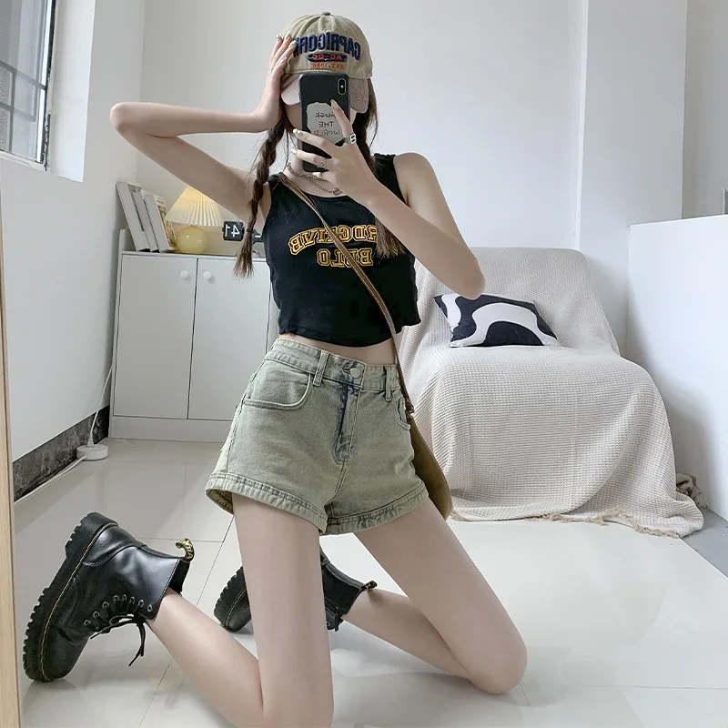 

Korean Style Spicy Girl Multi Colored High Waisted Denim Shorts Summer Women's Bar Club Straight Leg Round Hip Denim Shorts