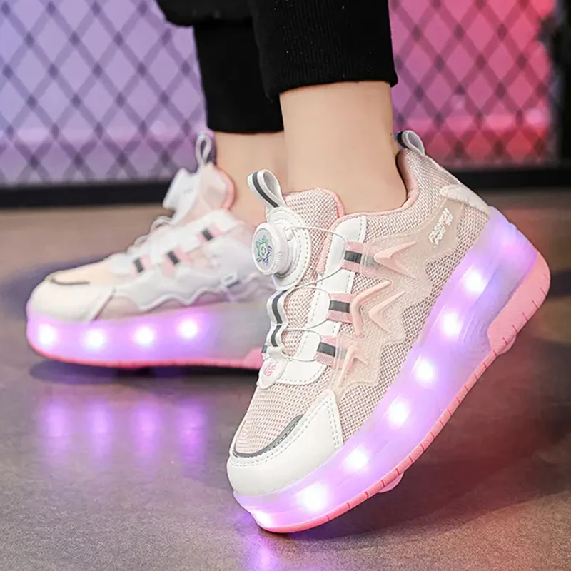 Boys' sneakers rotating button light roller skating pulleys shoes elementary children's shoes Kids walking LED light shoes Girls