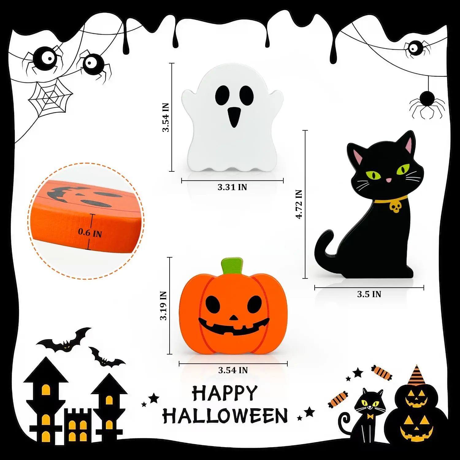 Halloween Decorations for Indoor Home 3 Pcs, Cute Wooden Pumpkin Ghost Black Cat Decor for Tabletop