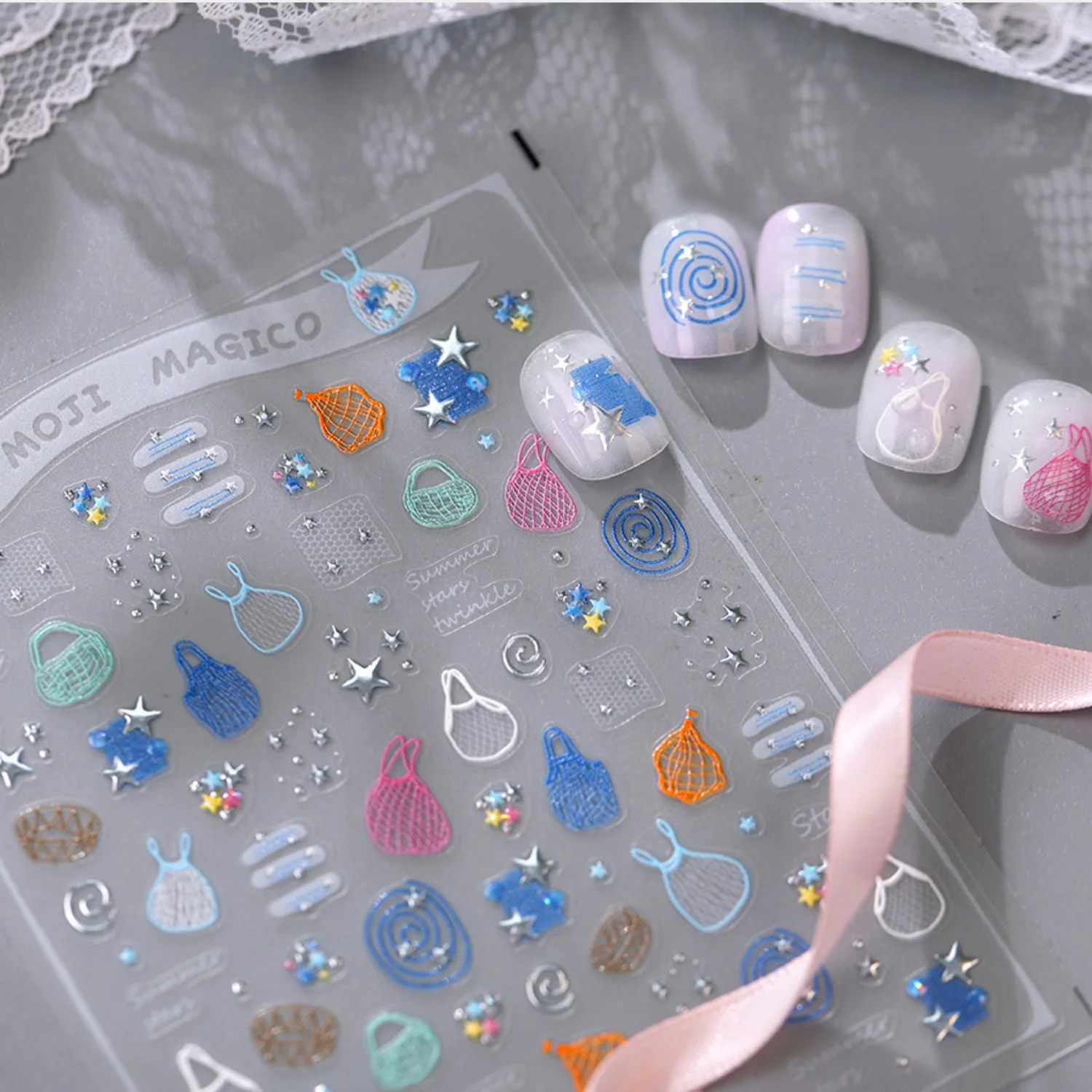 Macaron Mesh Bag 5D Nail Stickers Hollow Shopping Pouch Swirl Spiral Four Star Summer Curve Line Decal Self Adhesive Manicure