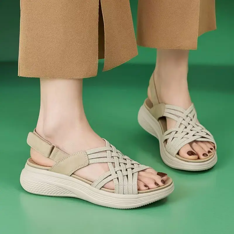 

Women Stretch Fabric Woven Hollow Out Wedges Sandals Summer New Thick sole Lightweight Non Slip Big size Outdoor Beach Sandals