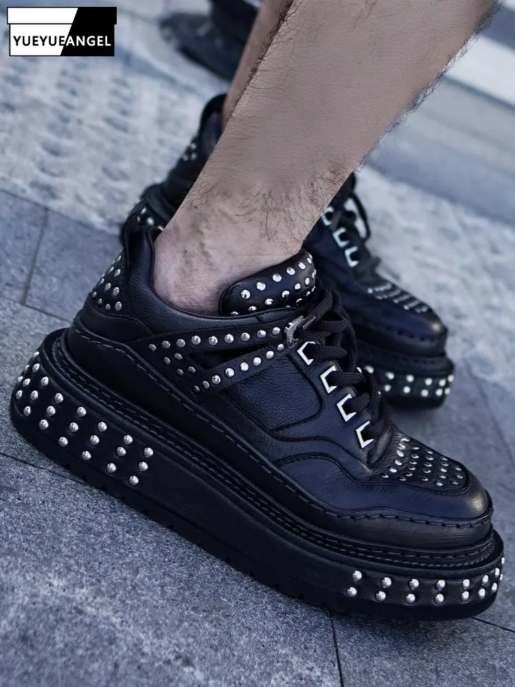 

Punk Style Solid Color Round Toe Horsehide Rivet Casual Shoes Genuine Leather Platform Lace-Up Male Height Increase Footwear