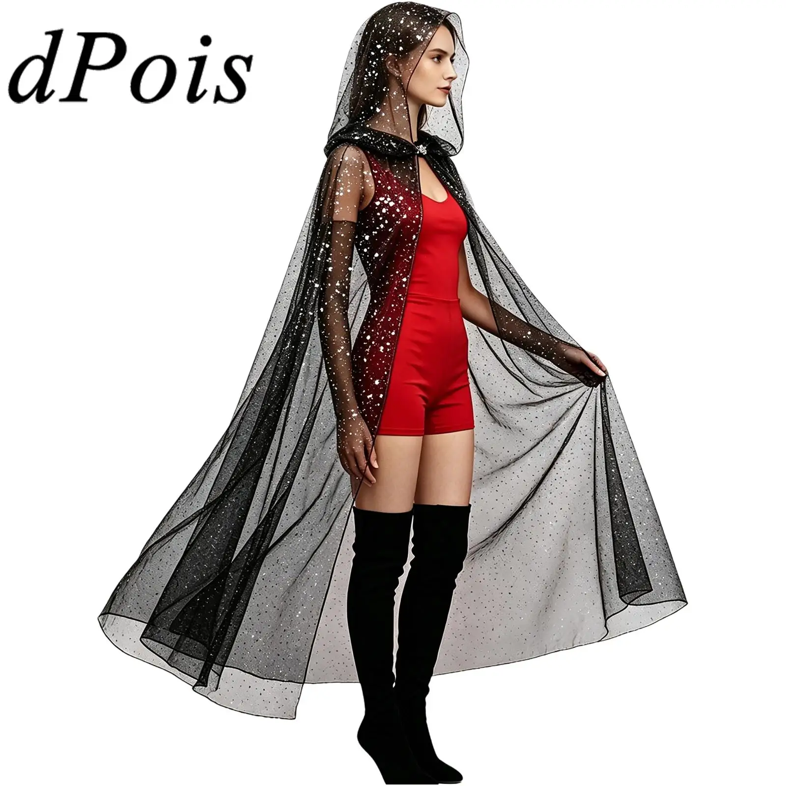 Women Hooded Tulle Cape Halloween Witch Ghost Costume Elegant Long Sheer Capes Cloak Mesh Gothic Shawls Wraps for Masquerade