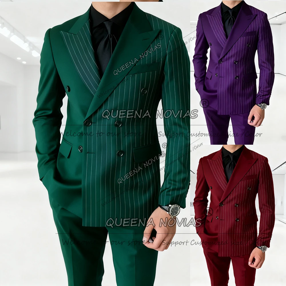 

Stripes Spliced Solid Suits Men 2 Pieces Man Busines Party Attire Double Breasted Blazers Customized Man Banquet Groom Tuxedos