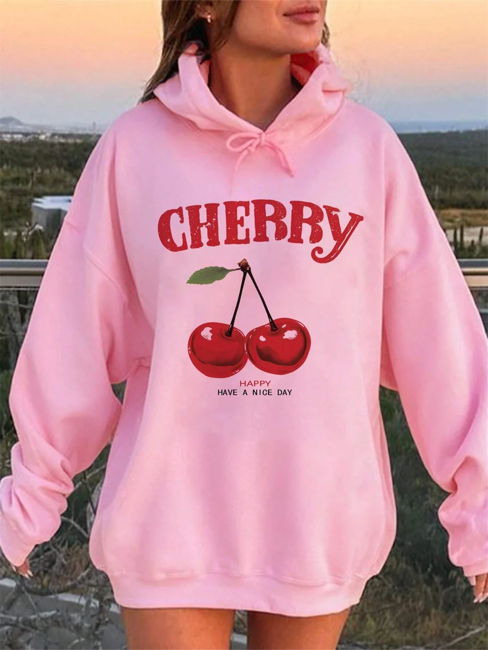 

2024 New Women's Casual Simple Red Stripe Cherry Print Pullover Hoodie Sweatshirt Loose Fit Lightweight for Fall and Winter