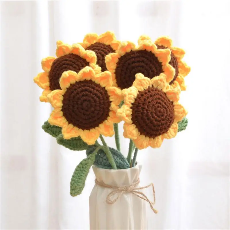 Knitting Flower Rose Tulips Daisy Single Bouquet Simulation Flower Home Decoration Wedding Hand-Knitted Crochet Fake Floral