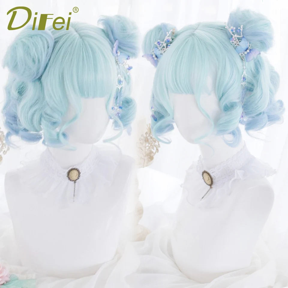 Mint Macaroon Short Curly Synthetic Wig Female Fluffy Cute Lolita Blue-purple Gradient Short curly Christmas Cosplay Party Wig