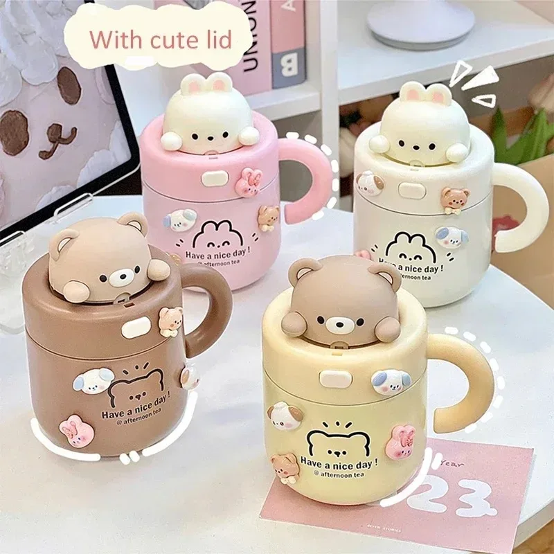 

Taza térmica de café de oso Kawaii para bebidas frías y calientes, termo de acero inoxidable con tapa de paja, botella portátil